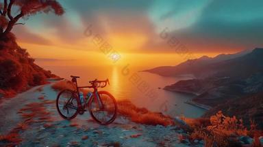 骑自行车傍晚海滩夕阳晚霞骑行